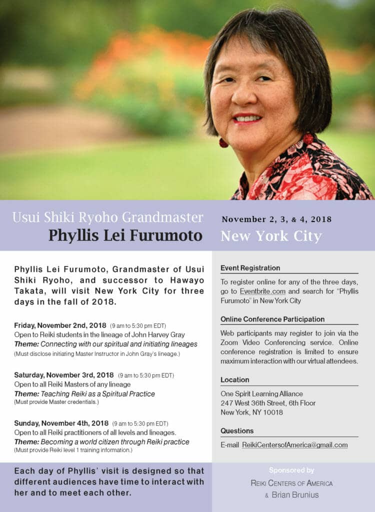 Flyer for the November 2, 3, and 4 Reiki event in New York City with Usui Shiki Ryoho Grandmaster Phyllis Lei Furumoto