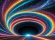 Illustration of a rainbow tunnel of light passing through time and space toward a specific point of light.