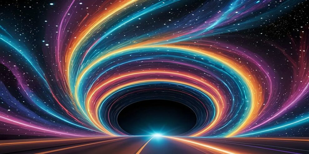 bridge-through-time-and-space Illustration of a rainbow tunnel of light passing through time and space toward a specific point of light.