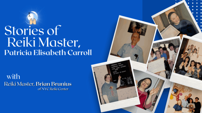 Patricia Elisabeth Carroll Beige Brown Welcome YouTube Intro (6) A graphic reading "Stories of Reiki Master Patricia Elisabeth Carroll" and showing photos of her life as a Reiki teacher.