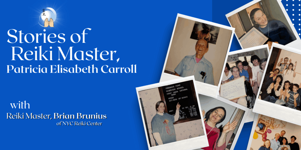 Patricia Elisabeth Carroll Beige Brown Welcome YouTube Intro (6) A graphic reading "Stories of Reiki Master Patricia Elisabeth Carroll" and showing photos of her life as a Reiki teacher.