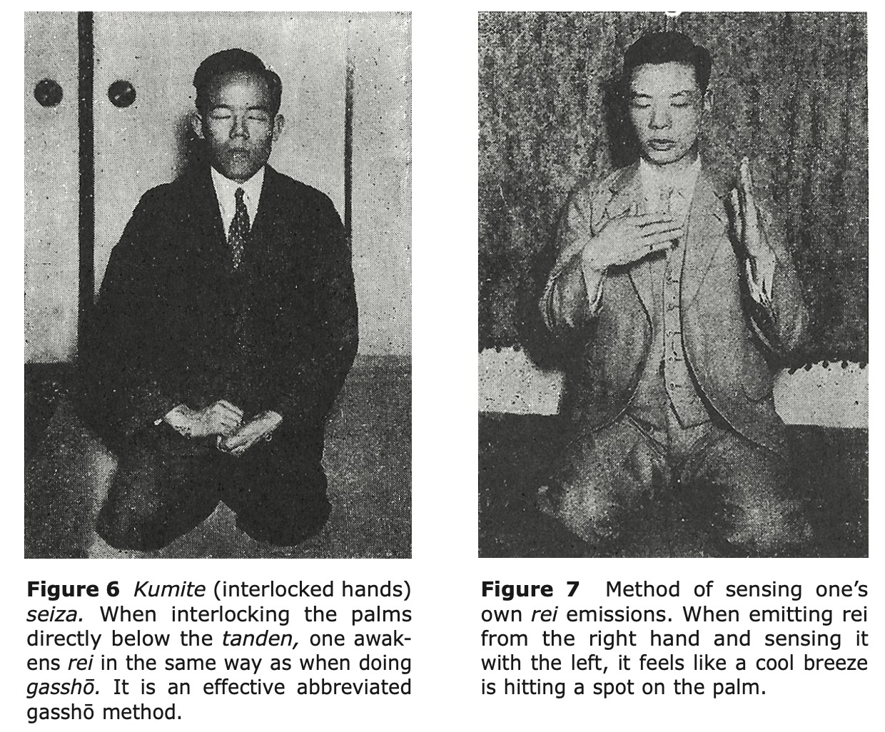 Two photos from the 1933 book Illustration depicting an experiment of emittixng and sensing Reiki from the book Title page of the book Cover of the book Reiki and the Benevolent Art of Healing: Tomita-Style Hands-On Therapy by Tomita Kaiji which demonstrating a hand technique for awakening Rei, and then a method for sensing one's own Rei emissions.