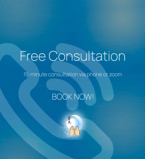 Graphic reading "Free Consultation via Phone or Zoom" with Brian Brunius of the NYC Reiki Center