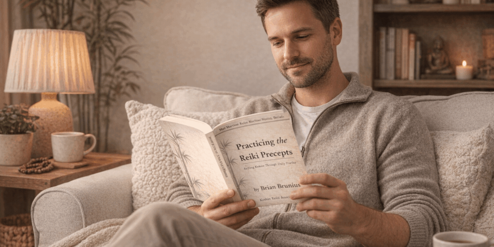 Photo of man reading a book titled "Practicing the Reiki Precepts" by Brian Brunius and the Koshin Reiki Association