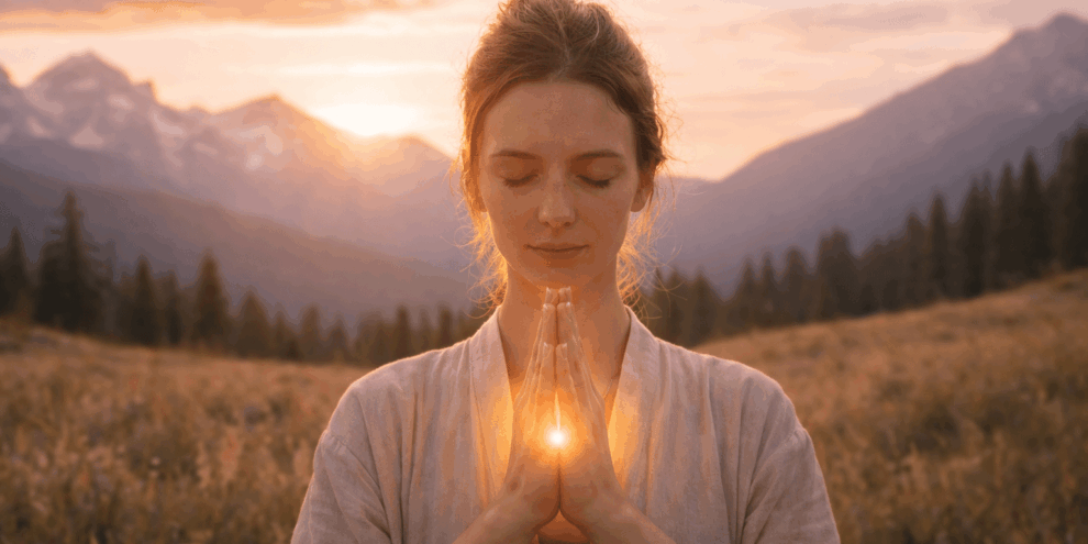 Photo of a woman with her hands in gasho and a bright light glowing between her hands