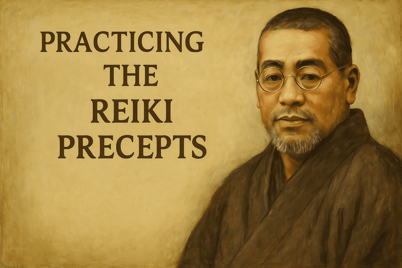 Illustration of Mikao Usui with the words Practicing the Reiki Precepts