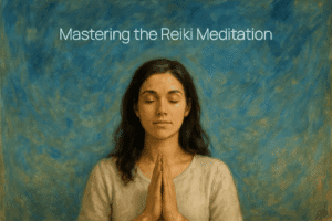 Illustration of a woman sitting in meditation with the words: Mastering the Reiki Meditation, taught by Brian Brunius
