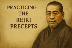 Illustration of Mikao Usui with the words: Practicing the Reiki Precepts with Brian Brunius
