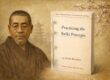 Illustration of Mikao Usui with the book cover of "Practicing the Reiki Precepts" by Brian Brunius and the Koshin Reiki Associaton