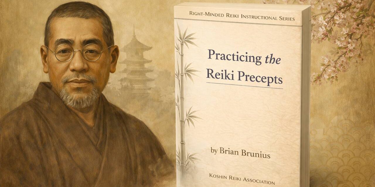 Illustration of Mikao Usui with the book cover of “Practicing the Reiki Precepts” by Brian Brunius and the Koshin Reiki Associaton Illustration of Mikao Usui with the book cover of "Practicing the Reiki Precepts" by Brian Brunius and the Koshin Reiki Associaton