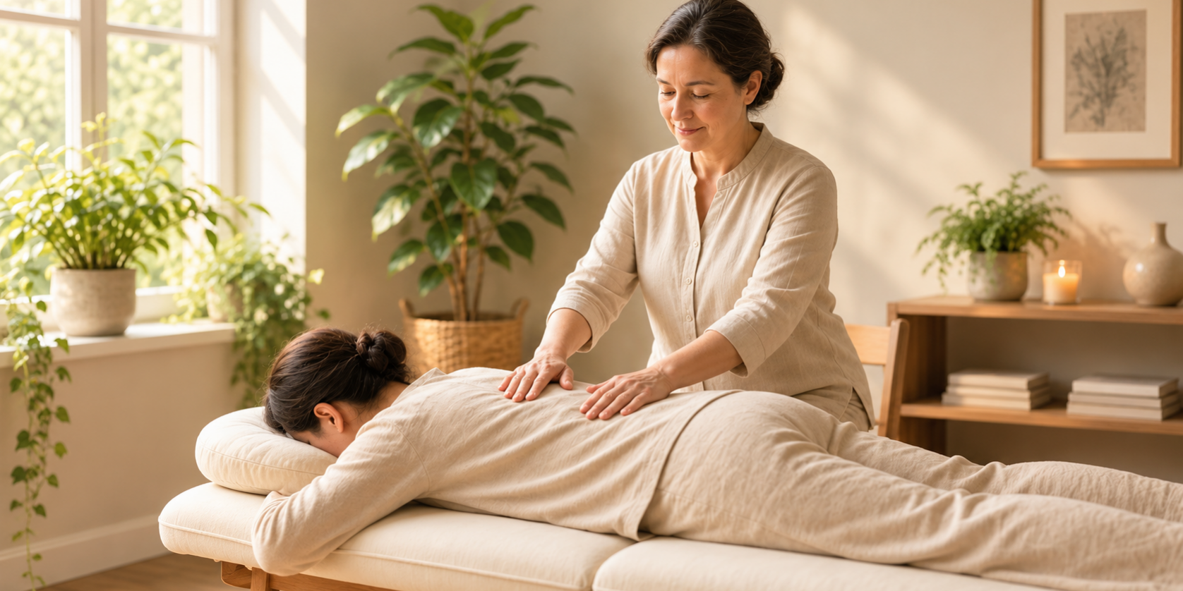 Serene Reiki Therapy in a Sunlit Wellness Room