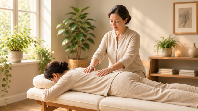 Serene Reiki Therapy in a Sunlit Wellness Room
